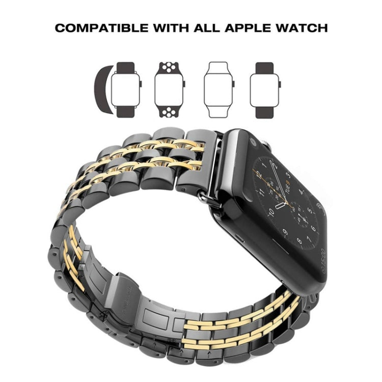 Hidden Butterfly Buckle 7 Beads Stainless Steel Watch Band For Apple Watch 42mm(Black Gold) - Watch Bands by buy2fix | Online Shopping UK | buy2fix