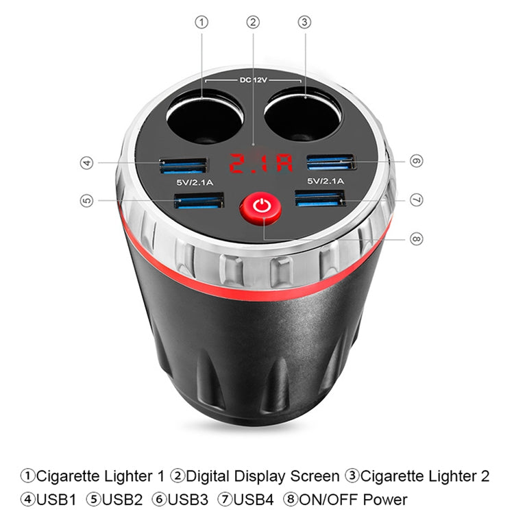 Cup Holder Car Charger Dual Cigarette Lighter 4USB Ports Charger Car MP3 Player (Blue) - Car Charger by buy2fix | Online Shopping UK | buy2fix