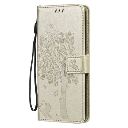 For Nokia G10 Tree & Cat Pattern Pressed Printing Horizontal Flip PU Leather Case with Holder & Card Slots & Wallet & Lanyard(Gold) - Nokia Cases by buy2fix | Online Shopping UK | buy2fix