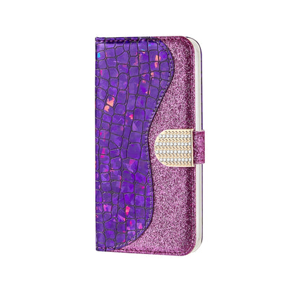 For iPhone 13 mini Laser Glitter Powder Matching Crocodile Texture Horizontal Flip Leather Case with Card Slots & Holder & Wallet (Purple) - iPhone 13 mini Cases by buy2fix | Online Shopping UK | buy2fix