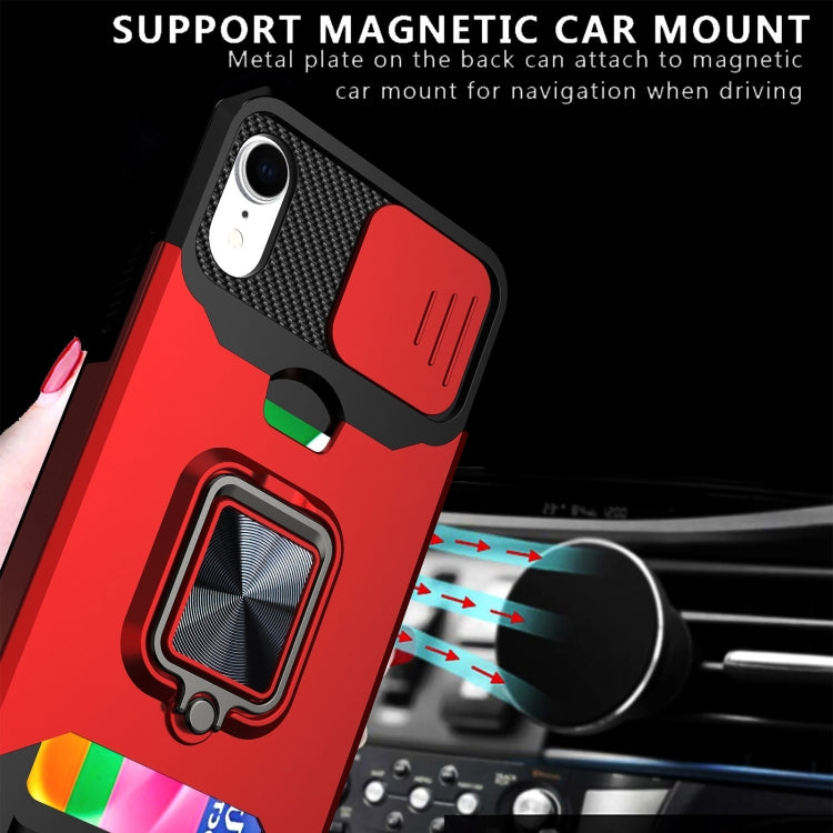 For iPhone XR Sliding Camshield Card Slot Ring Kickstand Phone Case(Red) - More iPhone Cases by buy2fix | Online Shopping UK | buy2fix