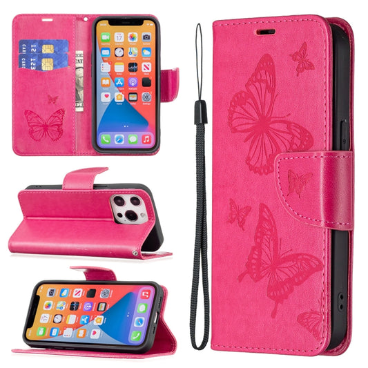 For iPhone 13 Pro Max Embossing Two Butterflies Pattern Horizontal Flip PU Leather Case with Holder & Card Slot & Wallet & Lanyard (Rose Red) - iPhone 13 Pro Max Cases by buy2fix | Online Shopping UK | buy2fix