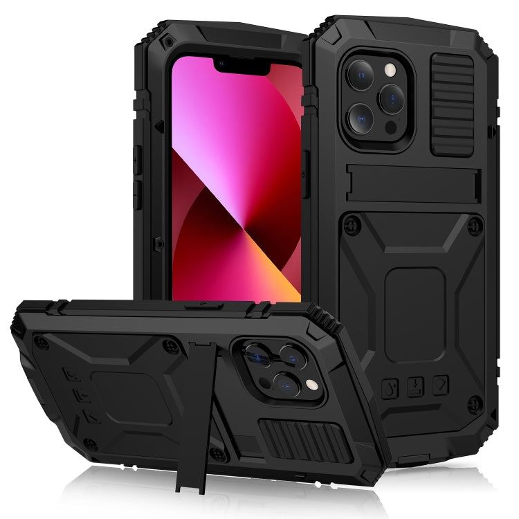 For iPhone 13 R-JUST Shockproof Waterproof Dust-proof Metal + Silicone Protective Case with Holder(Black) - iPhone 13 Cases by R-JUST | Online Shopping UK | buy2fix