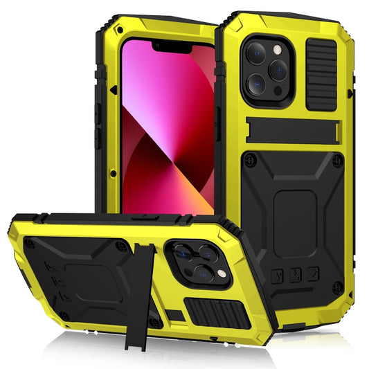 For iPhone 13 R-JUST Shockproof Waterproof Dust-proof Metal + Silicone Protective Case with Holder(Yellow) - iPhone 13 Cases by R-JUST | Online Shopping UK | buy2fix