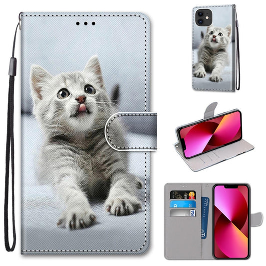 For iPhone 13 Coloured Drawing Cross Texture Horizontal Flip PU Leather Case with Holder & Card Slots & Wallet & Lanyard(Small Gray Cat) - iPhone 13 Cases by buy2fix | Online Shopping UK | buy2fix