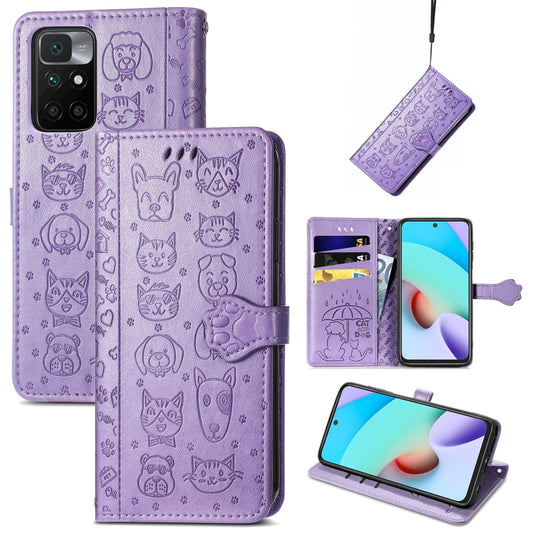 For Xiaomi Redmi 10 Lovely Cat and Dog Embossing Pattern Horizontal Flip Leather Case , with Holder & Card Slots & Wallet & Cartoon Clasp & Lanyard(Purple) - Xiaomi Cases by buy2fix | Online Shopping UK | buy2fix