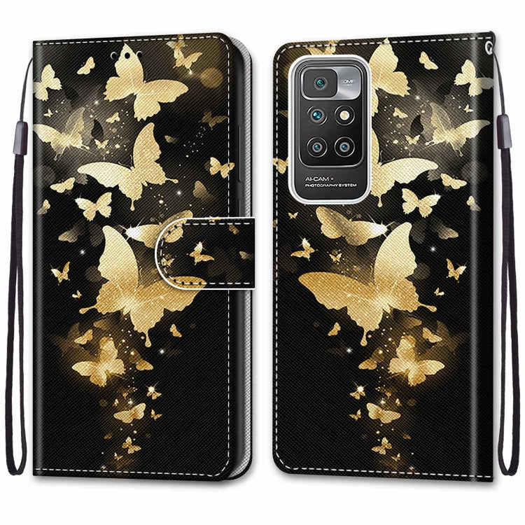 For Xiaomi Redmi 10 Coloured Drawing Cross Texture Horizontal Flip PU Leather Case with Holder & Card Slots & Wallet & Lanyard(Golden Butterfly Group) - Xiaomi Cases by buy2fix | Online Shopping UK | buy2fix