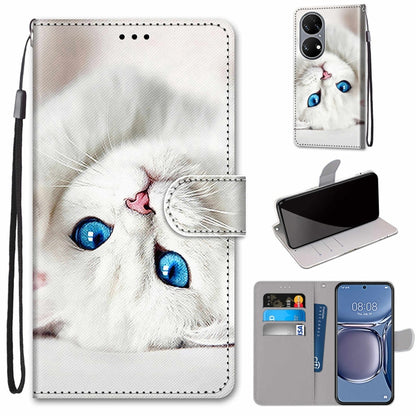 For Huawei P50 Coloured Drawing Cross Texture Horizontal Flip PU Leather Case with Holder & Card Slots & Wallet & Lanyard(White Kitten) - Huawei Cases by buy2fix | Online Shopping UK | buy2fix