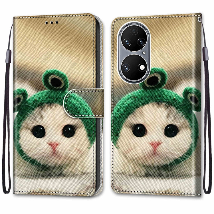 For Huawei P50 Coloured Drawing Cross Texture Horizontal Flip PU Leather Case with Holder & Card Slots & Wallet & Lanyard(Frog Kitten) - Huawei Cases by buy2fix | Online Shopping UK | buy2fix