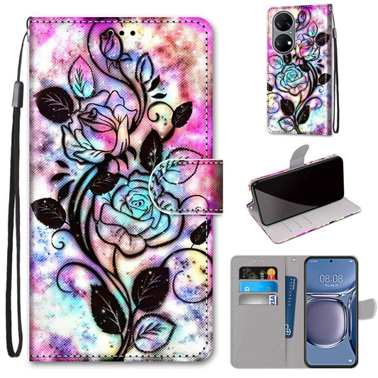 For Huawei P50 Coloured Drawing Cross Texture Horizontal Flip PU Leather Case with Holder & Card Slots & Wallet & Lanyard(Color Bottom Hollow Flower) - Huawei Cases by buy2fix | Online Shopping UK | buy2fix