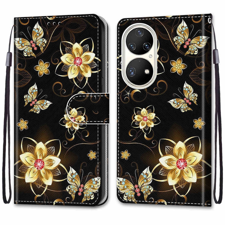 For Huawei P50 Pro Coloured Drawing Cross Texture Horizontal Flip PU Leather Case with Holder & Card Slots & Wallet & Lanyard(Gold Diamond Butterfly) - Huawei Cases by buy2fix | Online Shopping UK | buy2fix