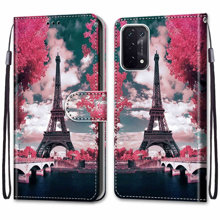 For OPPO A54 5G / A74 5G / A93 5G / A93s 5G Coloured Drawing Cross Texture Horizontal Flip PU Leather Case with Holder & Card Slots & Wallet & Lanyard(Pink Flower Tower Bridge) - OPPO Cases by buy2fix | Online Shopping UK | buy2fix