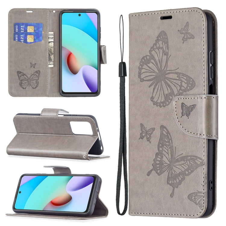 For Xiaomi Redmi 10 Two Butterflies Embossing Pattern Horizontal Flip Leather Case with Holder & Card Slot & Wallet & Lanyard(Grey) - Xiaomi Cases by buy2fix | Online Shopping UK | buy2fix