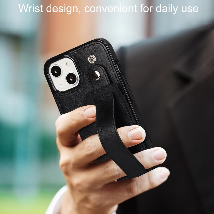 For iPhone 13 Crazy Horse Texture Shockproof TPU + PU Leather Case with Card Slot & Wrist Strap Holder(Black) - iPhone 13 Cases by buy2fix | Online Shopping UK | buy2fix