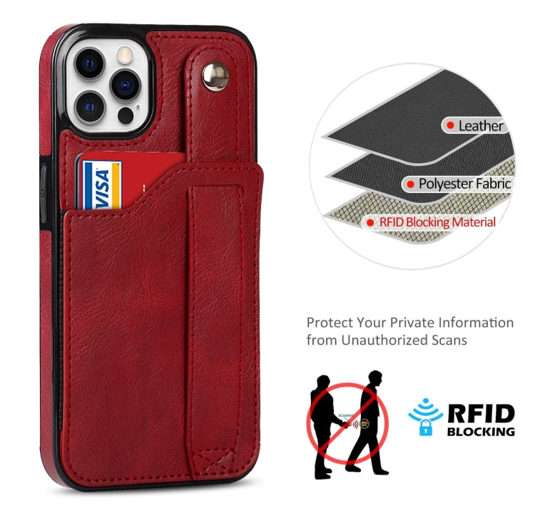 For iPhone 12 / 12 Pro Crazy Horse Texture Shockproof TPU + PU Leather Case with Card Slot & Wrist Strap Holder(Red) - iPhone 12 / 12 Pro Cases by buy2fix | Online Shopping UK | buy2fix