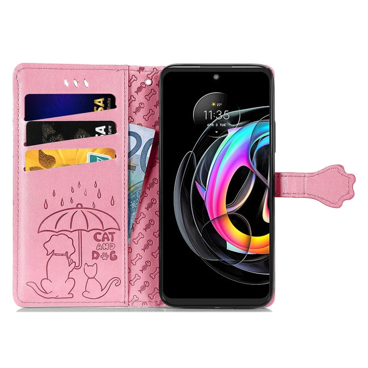 For Motorola Moto Edge 20 Lite Lovely Cat and Dog Embossing Pattern Horizontal Flip Leather Case , with Holder & Card Slots & Wallet & Cartoon Clasp & Lanyard(Pink) - Motorola Cases by buy2fix | Online Shopping UK | buy2fix