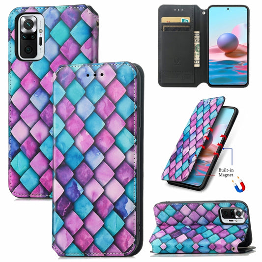 For Xiaomi Redmi Note 10 Pro Colorful Magnetic Horizontal Flip PU Leather Case with Holder & Card Slot & Wallet(Purple Scales) - Xiaomi Cases by buy2fix | Online Shopping UK | buy2fix