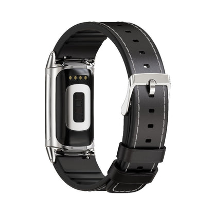 For Fitbit Charge5 Mijobs TPU + Leather Watch Band(Black+Silver) - Watch Bands by MIJOBS | Online Shopping UK | buy2fix