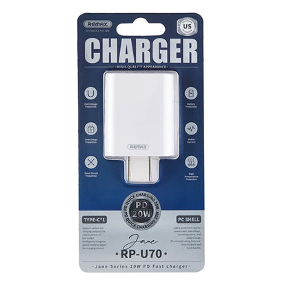 REMAX RP-U70 Jane Series 20W USB-C/Type-C PD Fast Charger, Specification:US Plug(White) - USB Charger by REMAX | Online Shopping UK | buy2fix