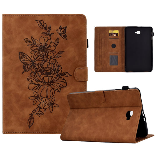 For Samsung Galaxy Tab A 10.1 2016 T580 Peony Butterfly Embossed Leather Smart Tablet Case(Brown) - Tab A 10.1 by buy2fix | Online Shopping UK | buy2fix