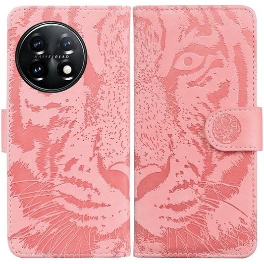 For OnePlus 11 Tiger Embossing Pattern Leather Phone Case(Pink) - OnePlus Cases by buy2fix | Online Shopping UK | buy2fix