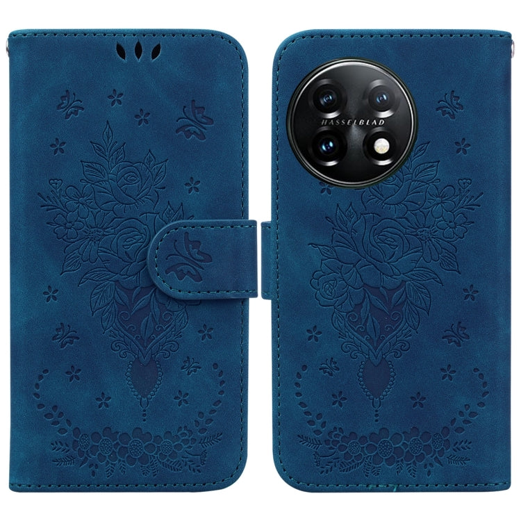 For OnePlus 11 Butterfly Rose Embossed Leather Phone Case(Blue) - OnePlus Cases by buy2fix | Online Shopping UK | buy2fix