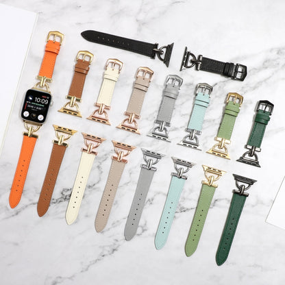 For Apple Watch Ultra 49mm&Watch Ultra 2 49mm / Series 9&8&7 45mm / SE 3&SE 2&6&SE&5&4 44mm / 3&2&1 42mm D-Buckle Plain Genuine Leather Watch Band(Orange) - Watch Bands by buy2fix | Online Shopping UK | buy2fix