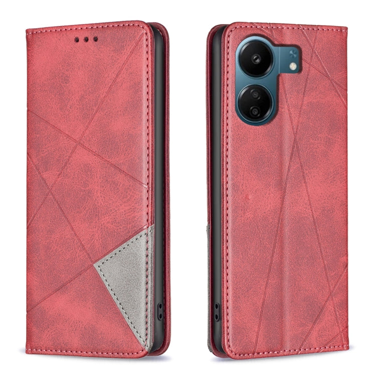 For Xiaomi Redmi 13C Rhombus Texture Magnetic Leather Phone Case(Red) - 13C Cases by buy2fix | Online Shopping UK | buy2fix