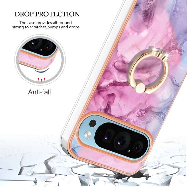 For Google Pixel 9 Pro XL Electroplating Marble Dual-side IMD Phone Case with Ring(Pink 013) - Google Cases by buy2fix | Online Shopping UK | buy2fix