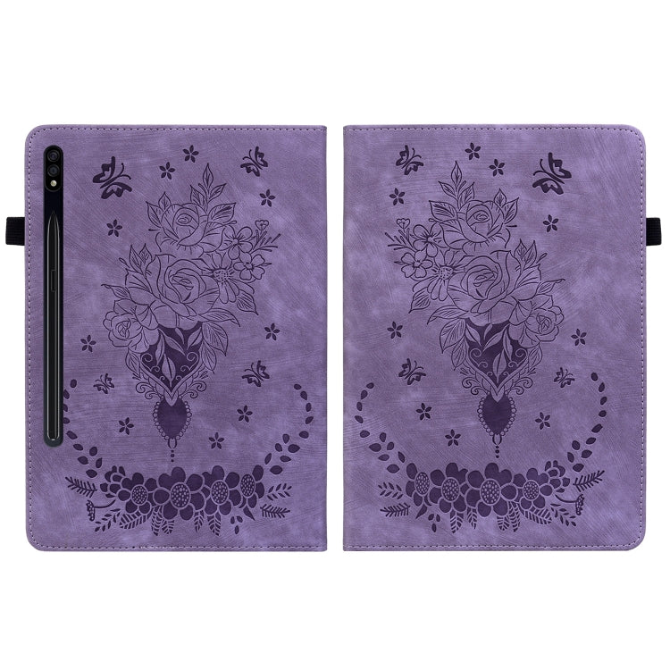 For Samsung Galaxy Tab S9+ Butterfly Rose Embossed Leather Tablet Case(Purple) - Galaxy Tab S9+ Cases by buy2fix | Online Shopping UK | buy2fix