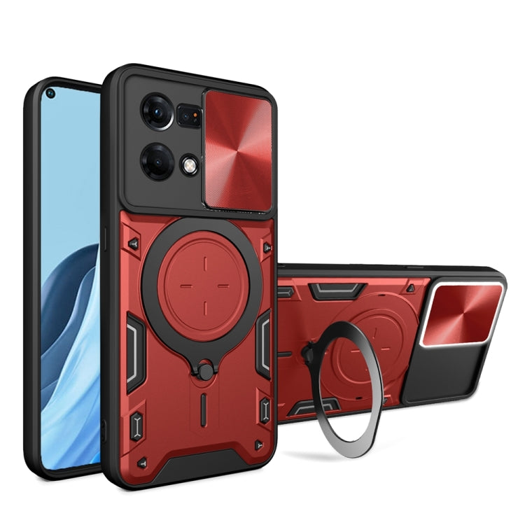 For OPPO Reno7 4G / F21 Pro 4G CD Texture Sliding Camshield Magnetic Holder Phone Case(Red) - OPPO Cases by buy2fix | Online Shopping UK | buy2fix