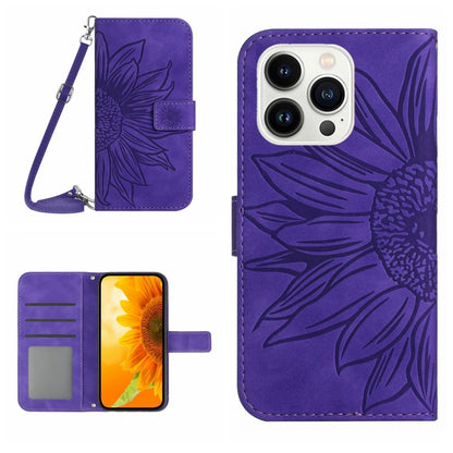 For iPhone 16 Pro Skin Feel Sun Flower Embossed Flip Leather Phone Case with Lanyard(Dark Purple) - iPhone 16 Pro Cases by buy2fix | Online Shopping UK | buy2fix