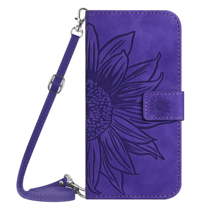 For iPhone 16 Pro Skin Feel Sun Flower Embossed Flip Leather Phone Case with Lanyard(Dark Purple) - iPhone 16 Pro Cases by buy2fix | Online Shopping UK | buy2fix