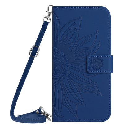 For iPhone 16 Skin Feel Sun Flower Embossed Flip Leather Phone Case with Lanyard(Dark Blue) - iPhone 16 Cases by buy2fix | Online Shopping UK | buy2fix