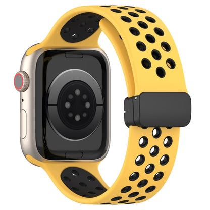 For Apple Watch SE 2022 44mm Magnetic Buckle Silicone Watch Band(Yellow Black) - Watch Bands by buy2fix | Online Shopping UK | buy2fix