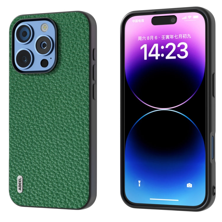 For iPhone 16 Pro Max ABEEL Genuine Leather Litchi Texture Phone Case(Green) - iPhone 16 Pro Max Cases by buy2fix | Online Shopping UK | buy2fix