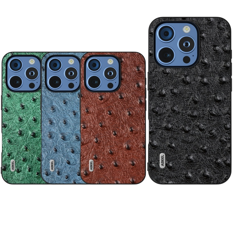 For iPhone 16 Pro ABEEL Genuine Leather Ostrich Texture Phone Case(Blue) - iPhone 16 Pro Cases by buy2fix | Online Shopping UK | buy2fix