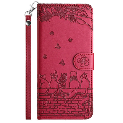 For iPhone 16 Pro Max Cat Embossing Pattern Leather Phone Case with Lanyard(Red) - iPhone 16 Pro Max Cases by buy2fix | Online Shopping UK | buy2fix