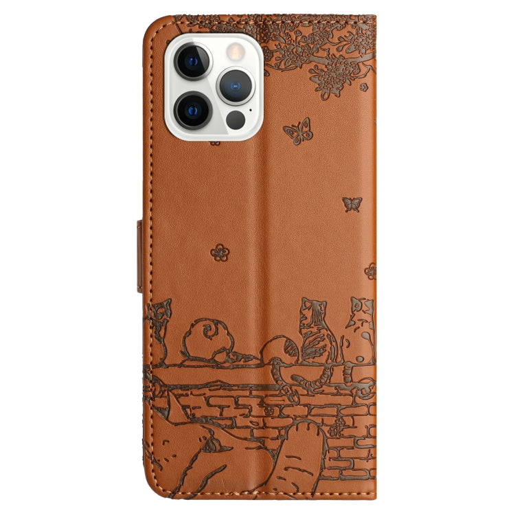 For iPhone 16 Pro Max Cat Embossing Pattern Leather Phone Case with Lanyard(Brown) - iPhone 16 Pro Max Cases by buy2fix | Online Shopping UK | buy2fix