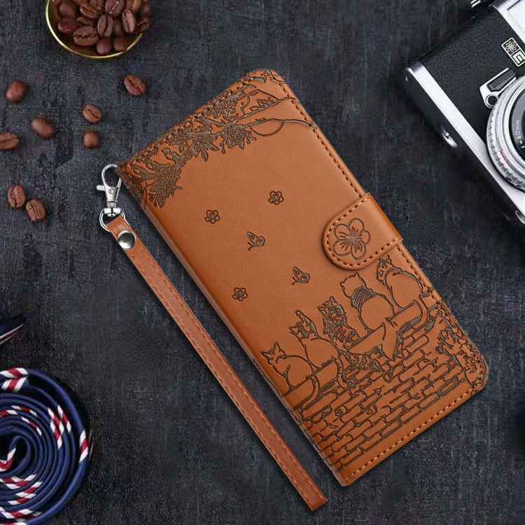 For iPhone 16 Pro Cat Embossing Pattern Leather Phone Case with Lanyard(Brown) - iPhone 16 Pro Cases by buy2fix | Online Shopping UK | buy2fix