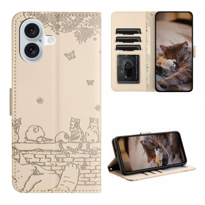 For iPhone 16 Cat Embossing Pattern Leather Phone Case with Lanyard(Beige) - iPhone 16 Cases by buy2fix | Online Shopping UK | buy2fix