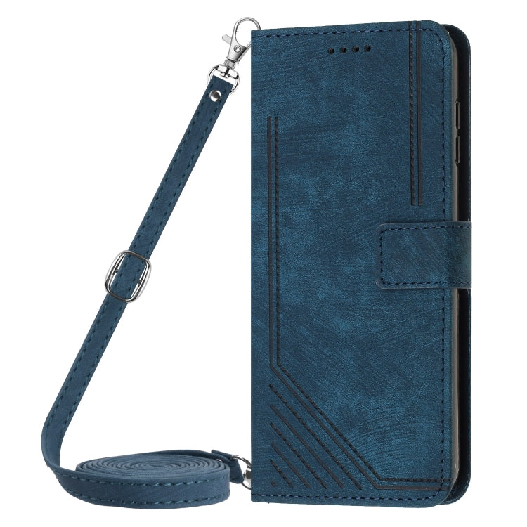 For Xiaomi 14 Ultra Skin Feel Stripe Pattern Leather Phone Case with Long Lanyard(Blue) - 14 Ultra Cases by buy2fix | Online Shopping UK | buy2fix
