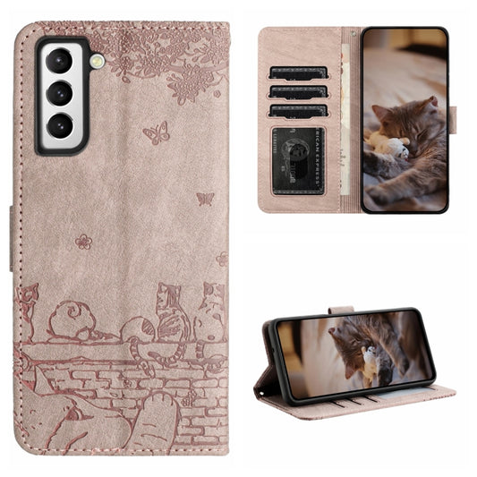 For Samsung Galaxy S21 Cat Embossing Pattern Leather Phone Case with Lanyard(Grey) - Galaxy S21 5G Cases by buy2fix | Online Shopping UK | buy2fix