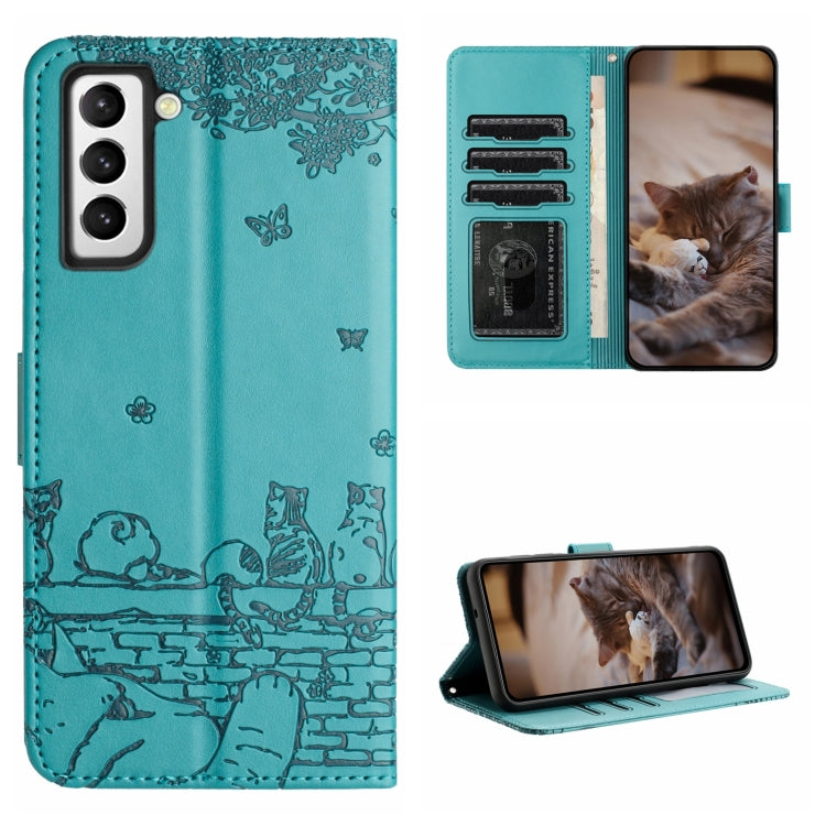 For Samsung Galaxy S22 Cat Embossing Pattern Leather Phone Case with Lanyard(Blue) - Galaxy S22 5G Cases by buy2fix | Online Shopping UK | buy2fix