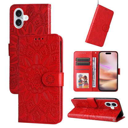 For iPhone 16 Plus Embossed Sunflower Leather Phone Case(Red) - iPhone 16 Plus Cases by buy2fix | Online Shopping UK | buy2fix