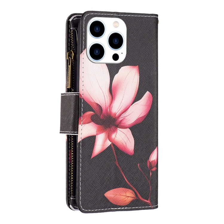 For iPhone 16 Pro Max Colored Drawing Pattern Zipper Phone Leather Case(Lotus) - iPhone 16 Pro Max Cases by buy2fix | Online Shopping UK | buy2fix