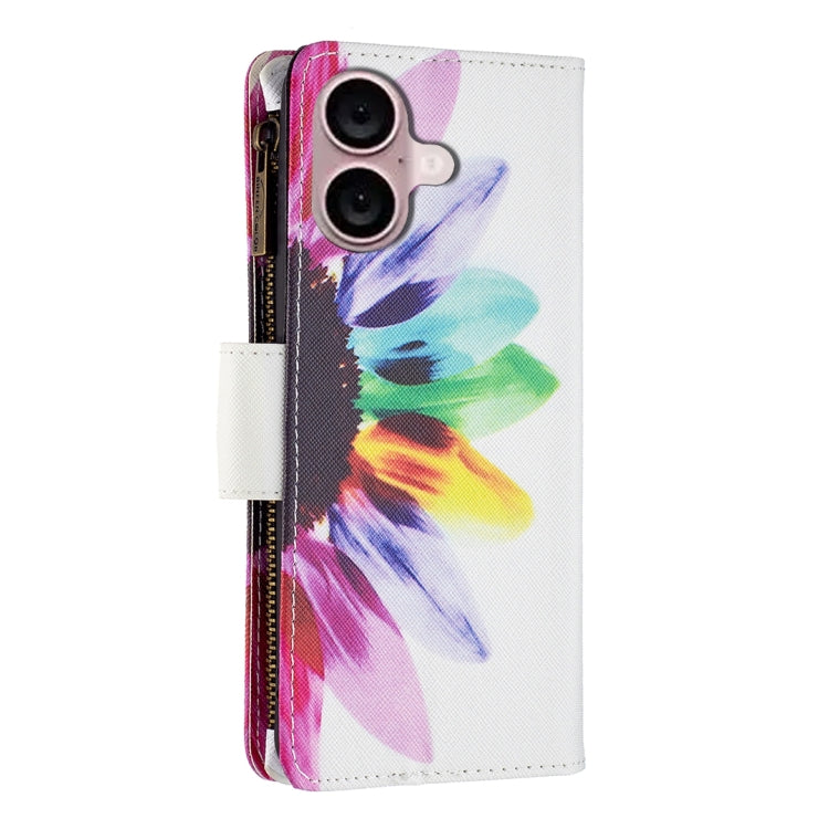 For iPhone 16 Plus Colored Drawing Pattern Zipper Phone Leather Case(Sun Flower) - iPhone 16 Plus Cases by buy2fix | Online Shopping UK | buy2fix