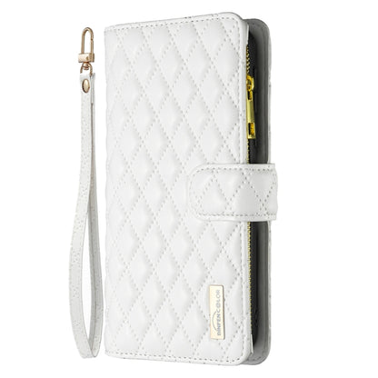 For iPhone 16 Pro Max Diamond Lattice Zipper Wallet Leather Flip Phone Case(White) - iPhone 16 Pro Max Cases by buy2fix | Online Shopping UK | buy2fix