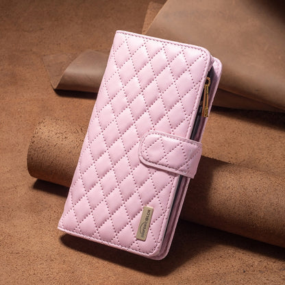 For iPhone 16 Plus Diamond Lattice Zipper Wallet Leather Flip Phone Case(Pink) - iPhone 16 Plus Cases by buy2fix | Online Shopping UK | buy2fix