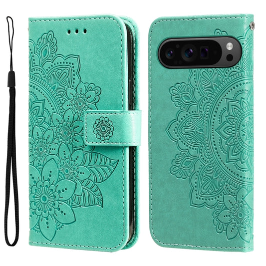 For Google Pixel 9 Pro 7-petal Flowers Embossing Leather Phone Case(Green) - Google Cases by buy2fix | Online Shopping UK | buy2fix